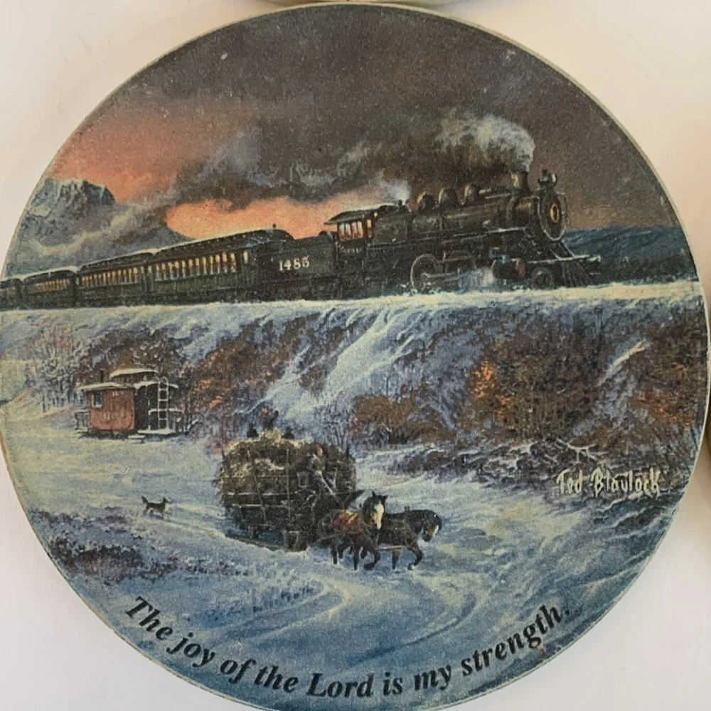 Coasters For‎ Drink Ceramic Ted Blaylock Set of 4 Steam Train Art & Bible Verses